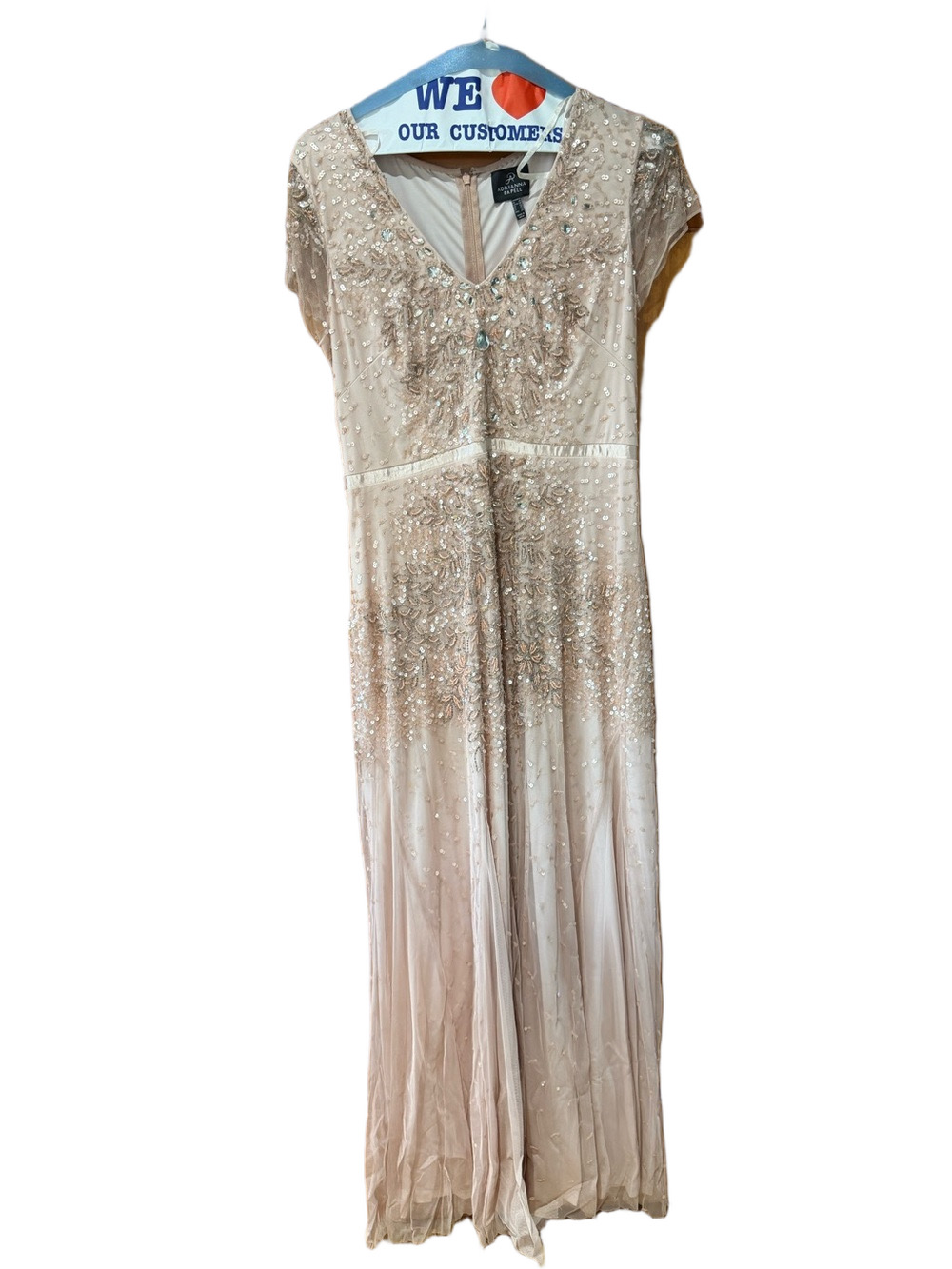 Adrianna Papell Blush Beaded V-Neck Maxi Gown